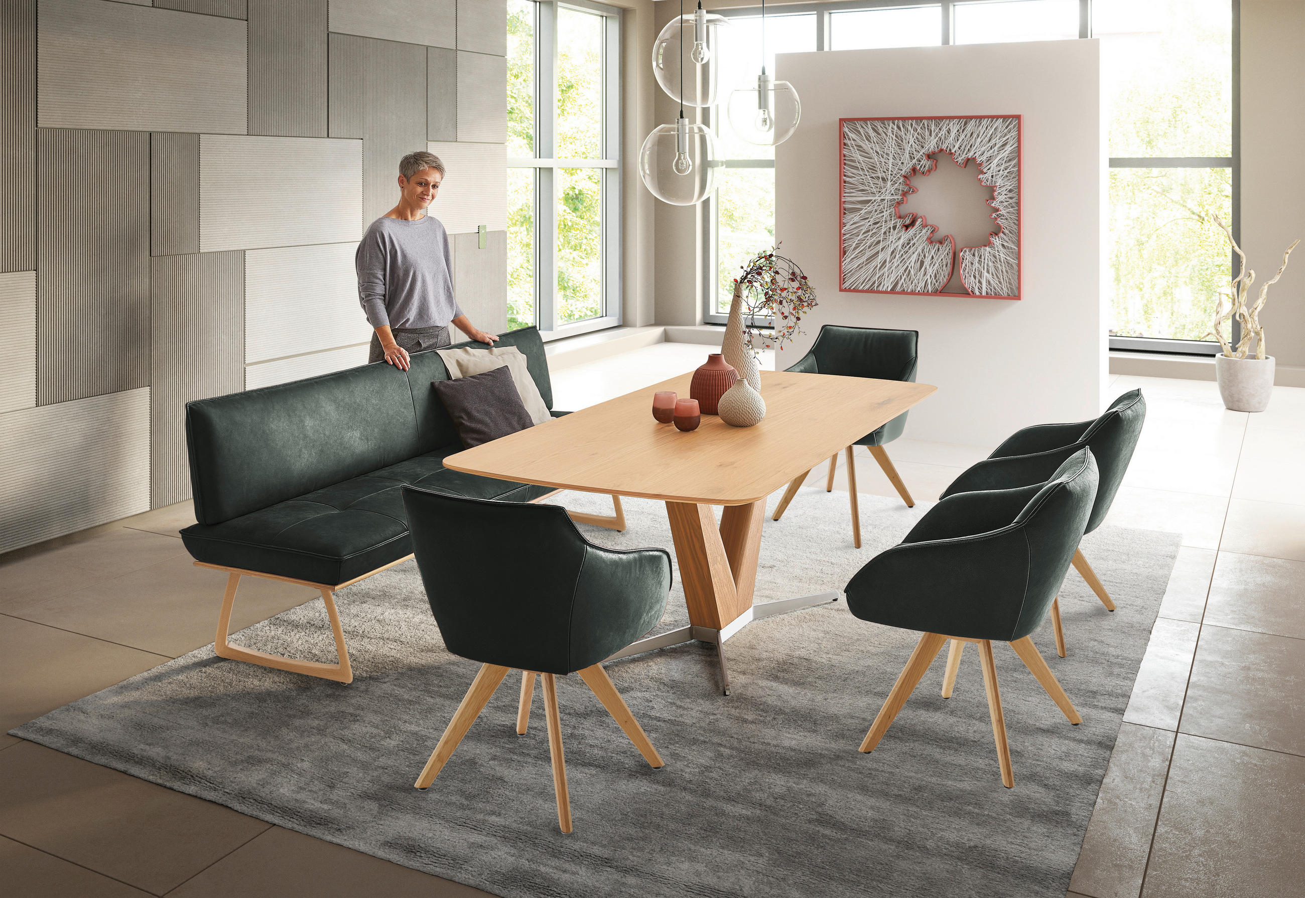 SITZBANK in Holz, Leder Dunkelgrün, Wildeiche  - Wildeiche/Dunkelgrün, Design, Leder/Holz (214/88/66cm) - Koinor
