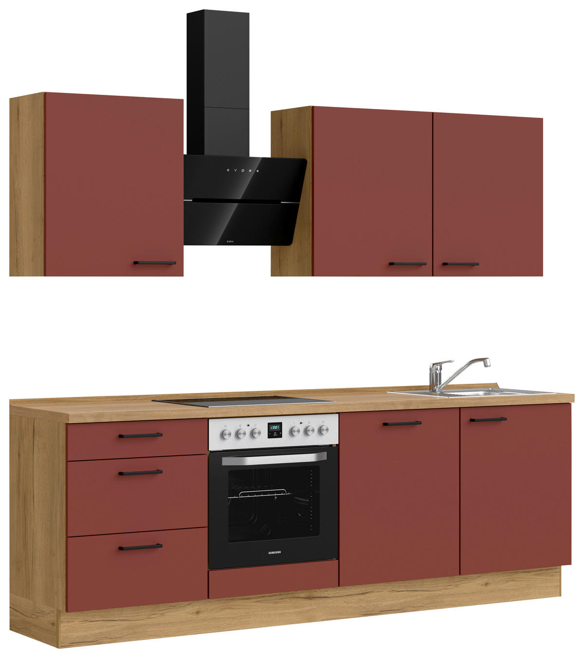 KÜCHENBLOCK Easytouch 240 cm  in Eichefarben, Dunkelrot  - Eichefarben/Schwarz, MODERN, Holzwerkstoff/Metall (240cm) - Nobilia