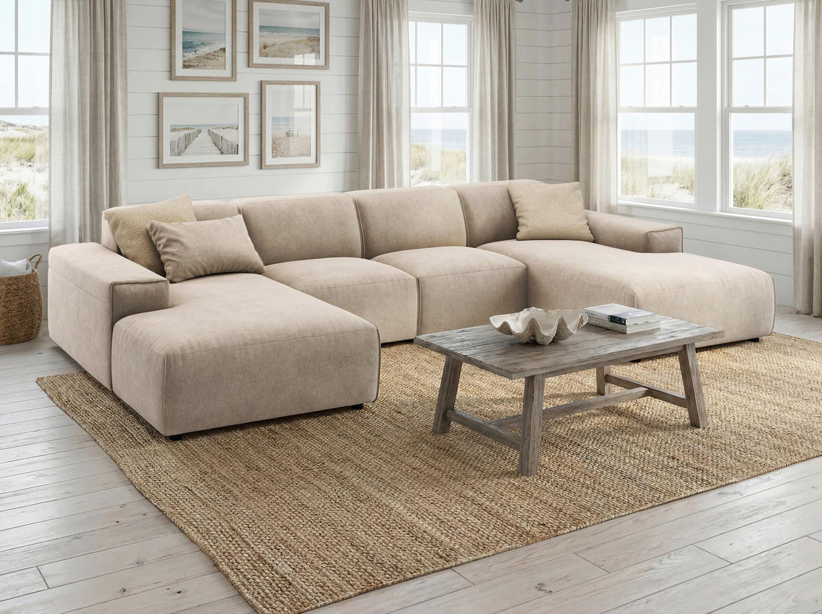 WOHNLANDSCHAFT Naturfarben Chenille  - Schwarz/Naturfarben, MODERN, Kunststoff/Textil (189/340/189cm) - Pure Home Lifestyle