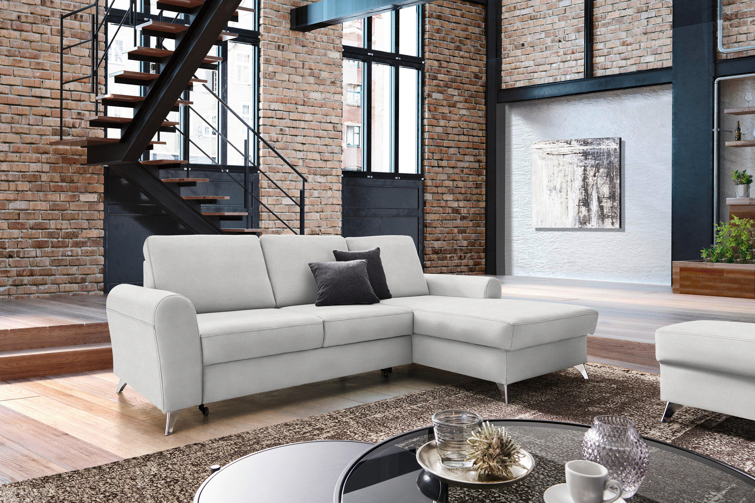 ECKSOFA Creme Flachgewebe  - Silberfarben/Creme, Design, Textil/Metall (244/167cm) - Cantus