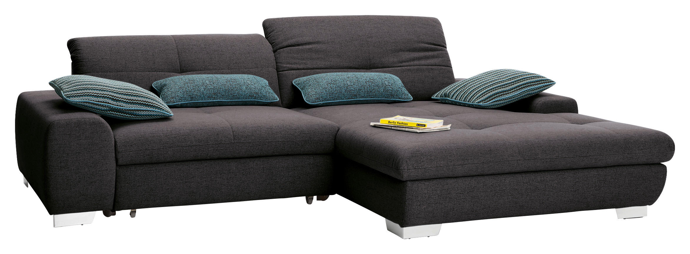 ECKSOFA Dunkelgrau Flachgewebe Rücken echt, Kopfteilverstellung, Sitztiefenverstellung  - Chromfarben/Dunkelgrau, Design, Textil/Metall (276/198cm) - SetOne by Musterring
