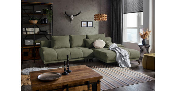 ECKSOFA in Chenille Olivgrün  - Schwarz/Olivgrün, MODERN, Textil/Metall (290/182cm) - Hom`in