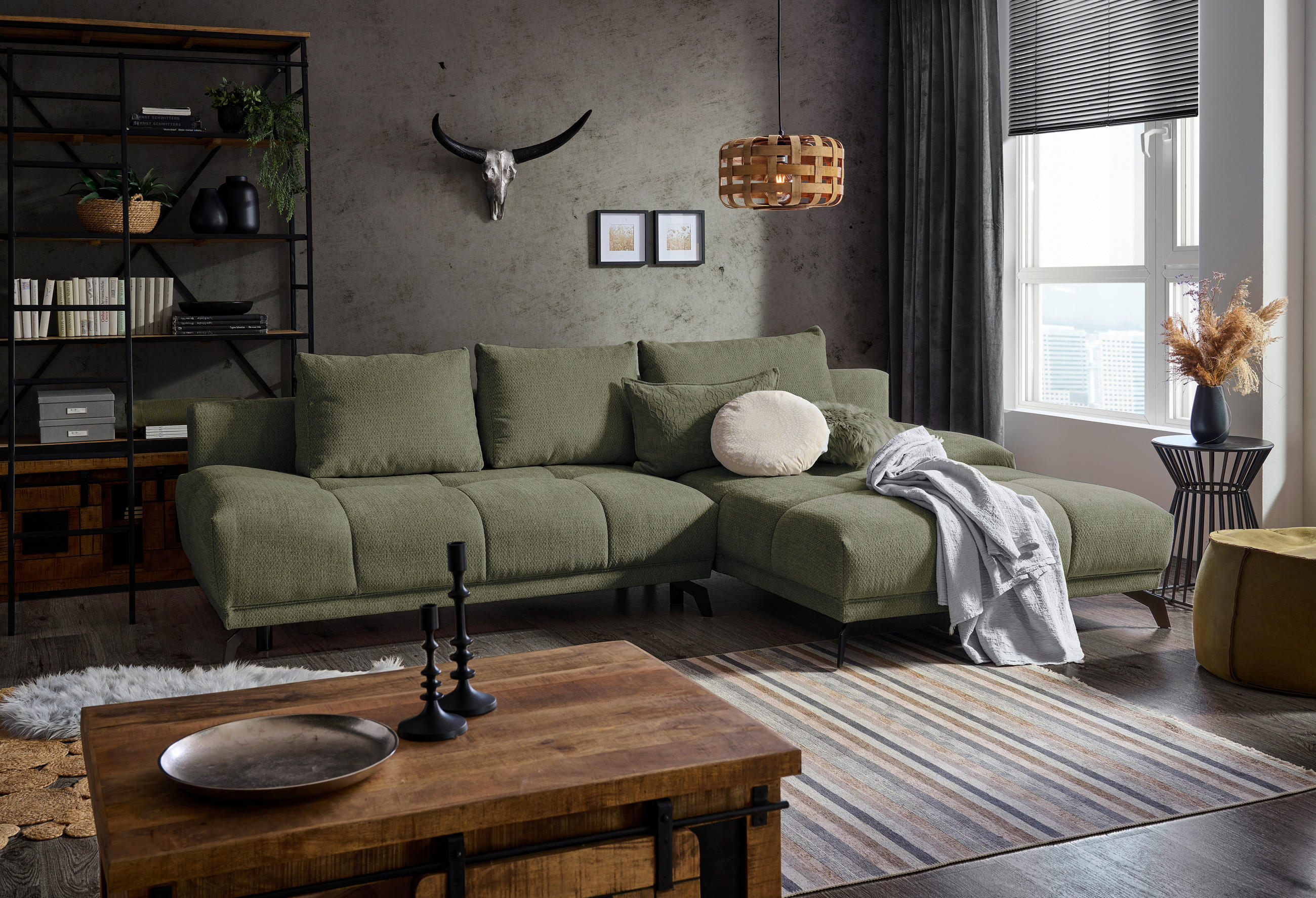 ECKSOFA in Chenille Olivgrün  - Schwarz/Olivgrün, Modern, Textil/Metall (290/182cm) - Hom`in