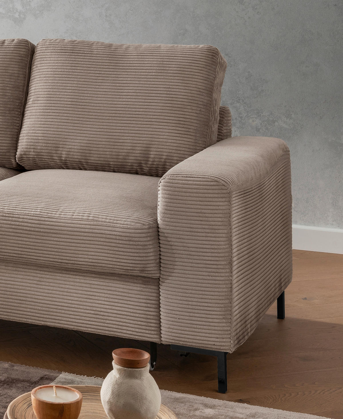 ECKSCHLAFSOFA  mit Rücken echt Cord Graubraun  - Graubraun/Schwarz, KONVENTIONELL, Textil/Metall (143/237cm) - Livetastic