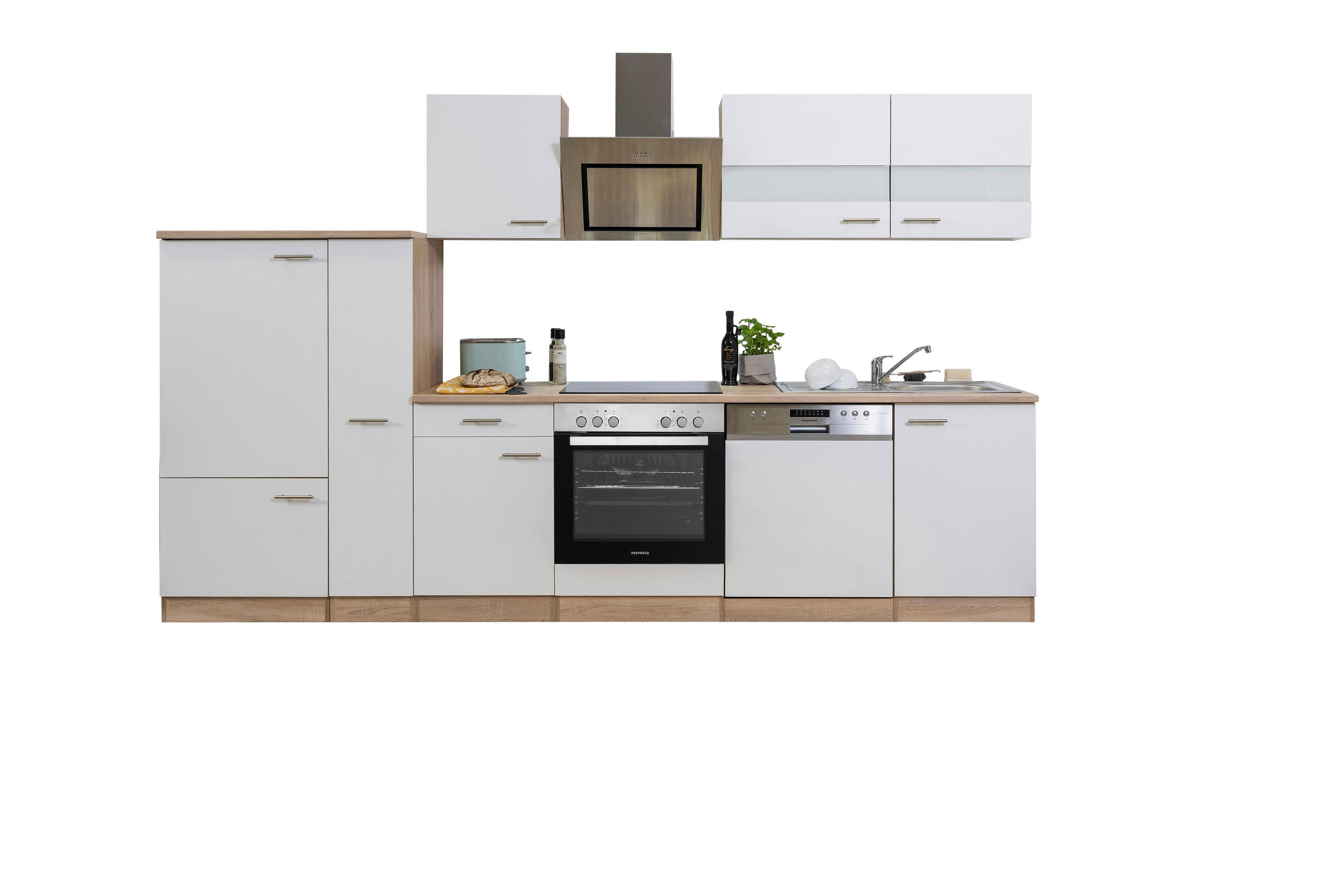 KÜCHENBLOCK 310 cm   in Weiß  - Edelstahlfarben/Eichefarben, Basics, Holzwerkstoff/Metall (310cm) - Respekta