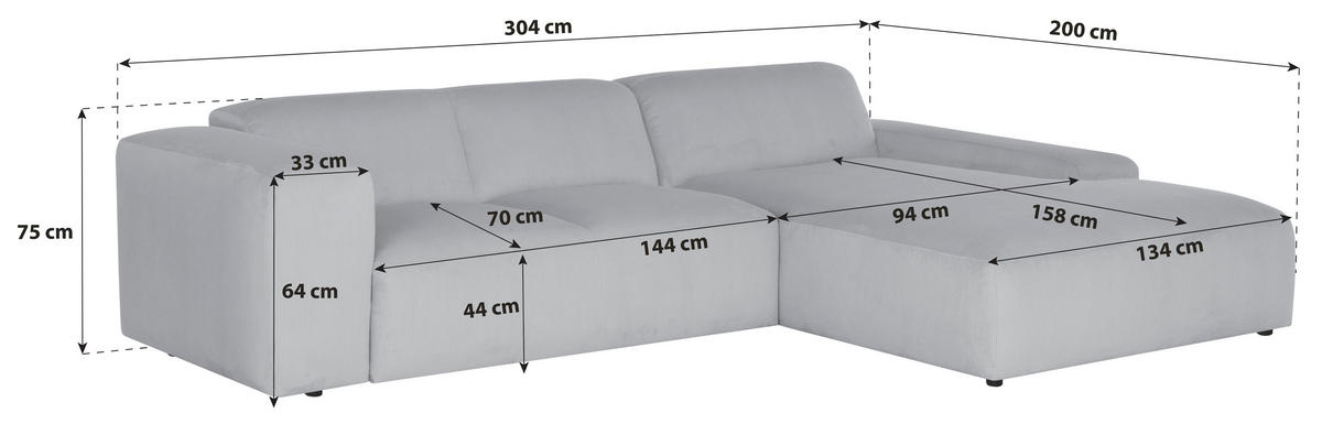 KOTNA SEDEŽNA GARNITURA, rebrasti žamet bež  - črna/bež, Design, umetna masa/tekstil (304/200cm) - MID.YOU