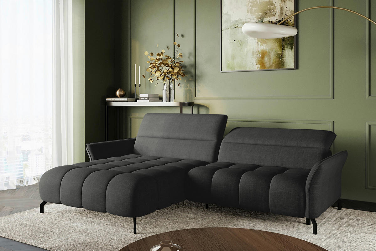 ECKSOFA  in Flachgewebe Anthrazit Rücken echt, Kopfteilverstellung, Sitztiefenverstellung  175/272 cm  - Anthrazit/Schwarz, KONVENTIONELL, Textil/Metall (175/272cm) - Carryhome