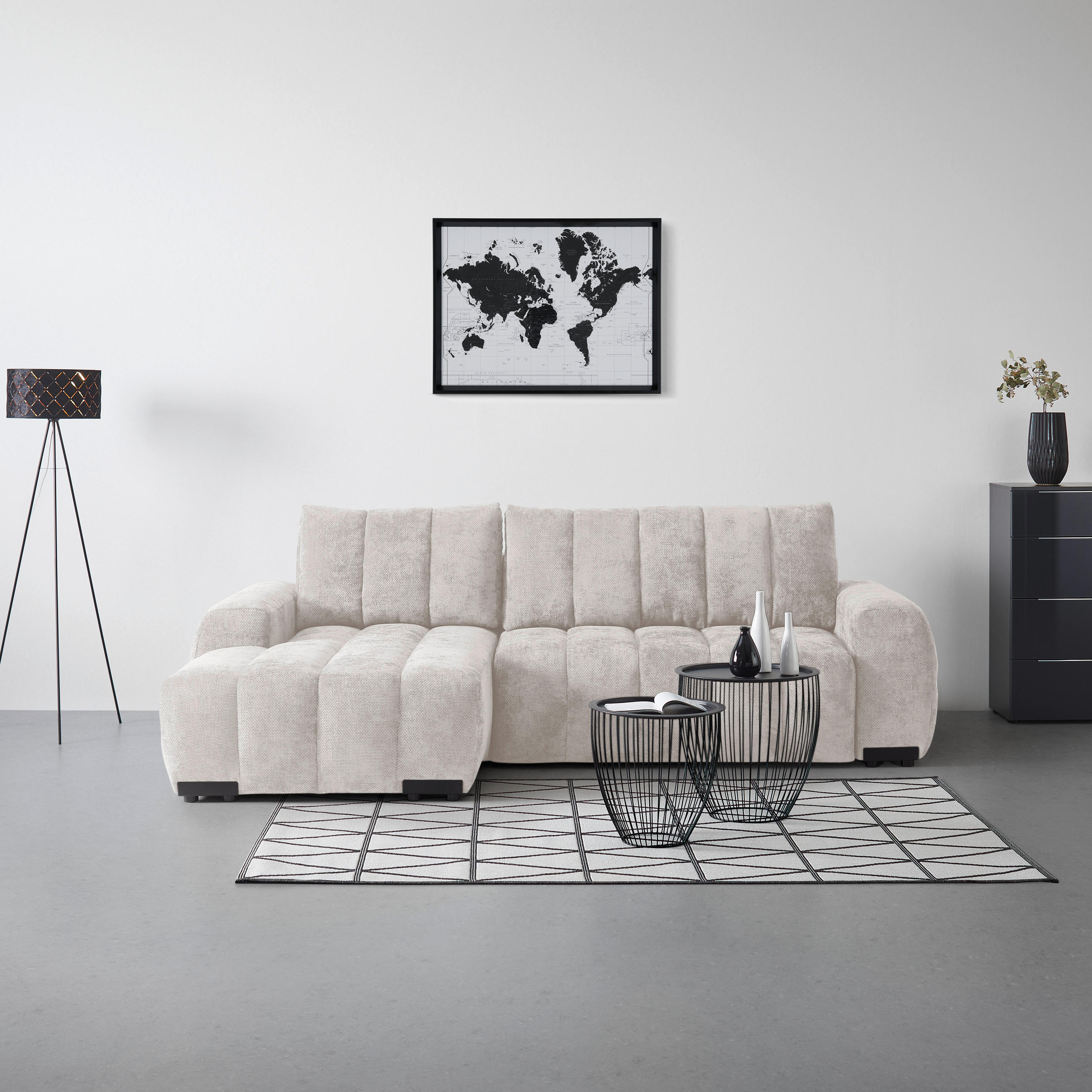 ECKSOFA Flachgewebe Creme  - Schwarz Hochglanz/Creme, Modern, Textil/Metall (166/93/273cm) - MID.YOU