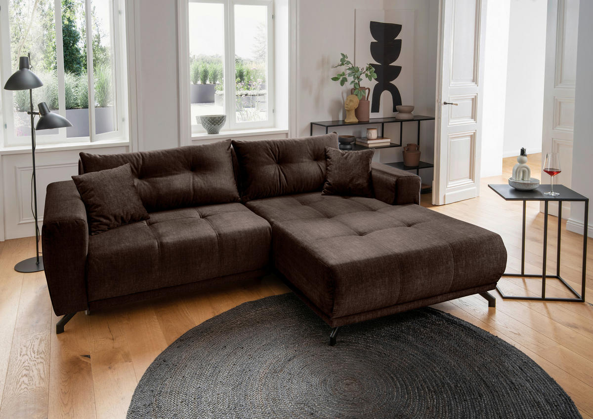 ECKSOFA Restato Dunkelbraun Velours  - Dunkelbraun/Schwarz, MODERN, Textil/Metall (246/177cm) - MID.YOU