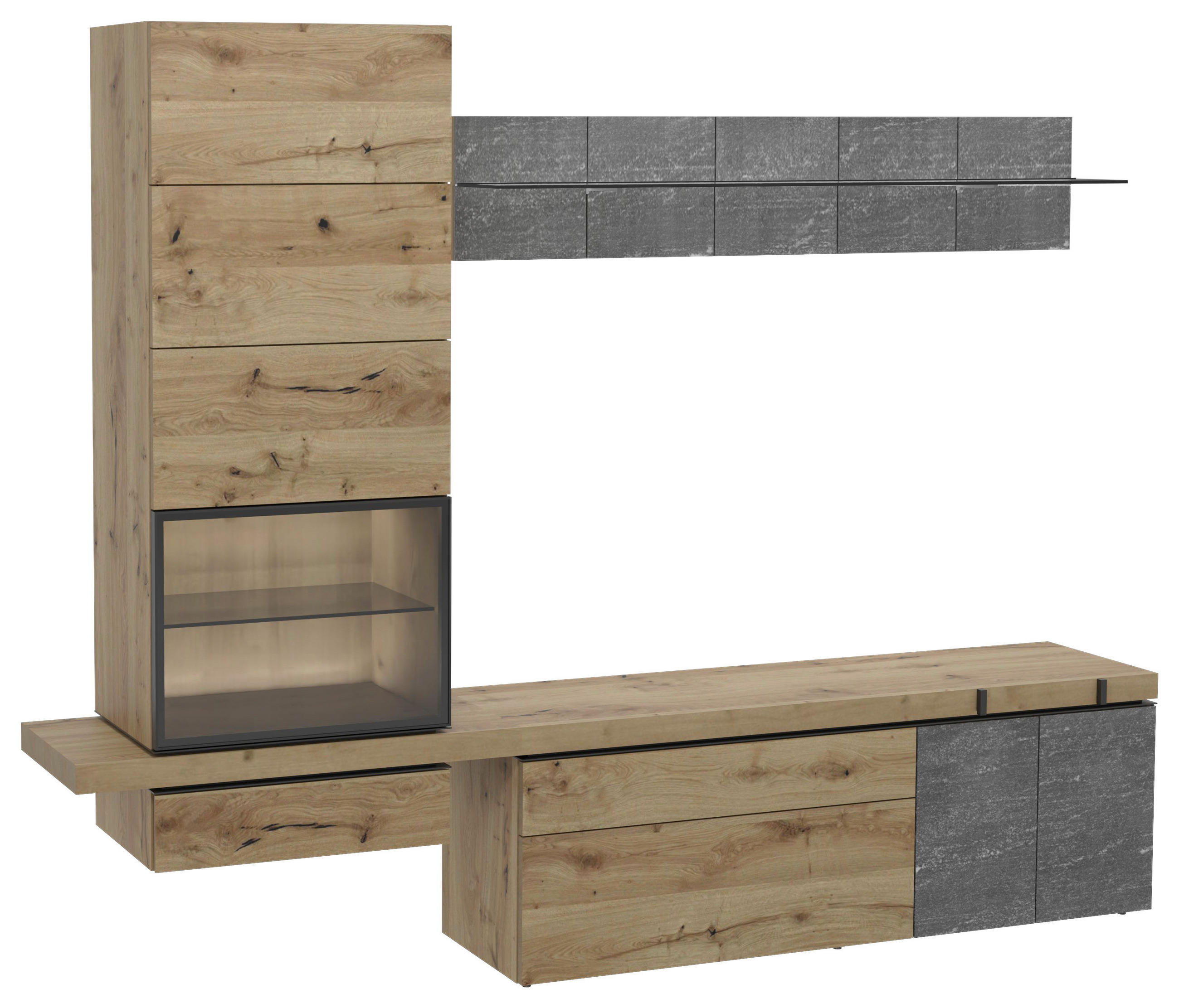 WOHNWAND  in Graphitfarben, Eichefarben  256/203/43 cm  - Eichefarben/Graphitfarben, Design, Glas/Holz (256/203/43cm) - Voglauer