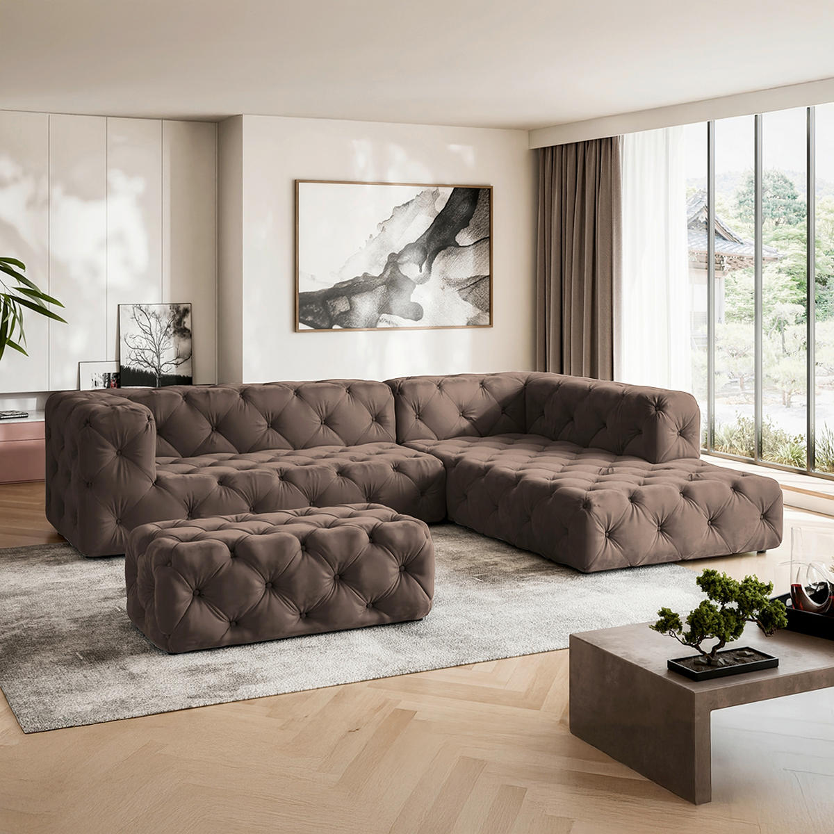 ECKSOFA Fresco Braun Samt  - Schwarz/Braun, Design, Kunststoff/Textil (325/228cm) - P & B