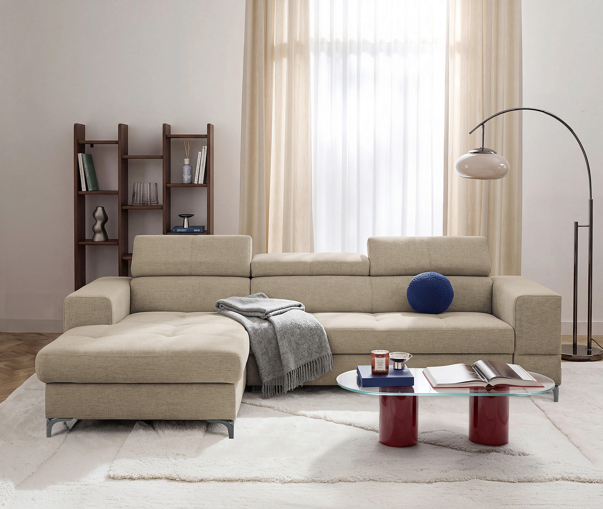 ECKSOFA TORINO Taupe Chenille Bettkasten, Kopfteilverstellung  - Taupe/Schwarzchrom, Design, Textil/Metall (173/247cm) - Livetastic