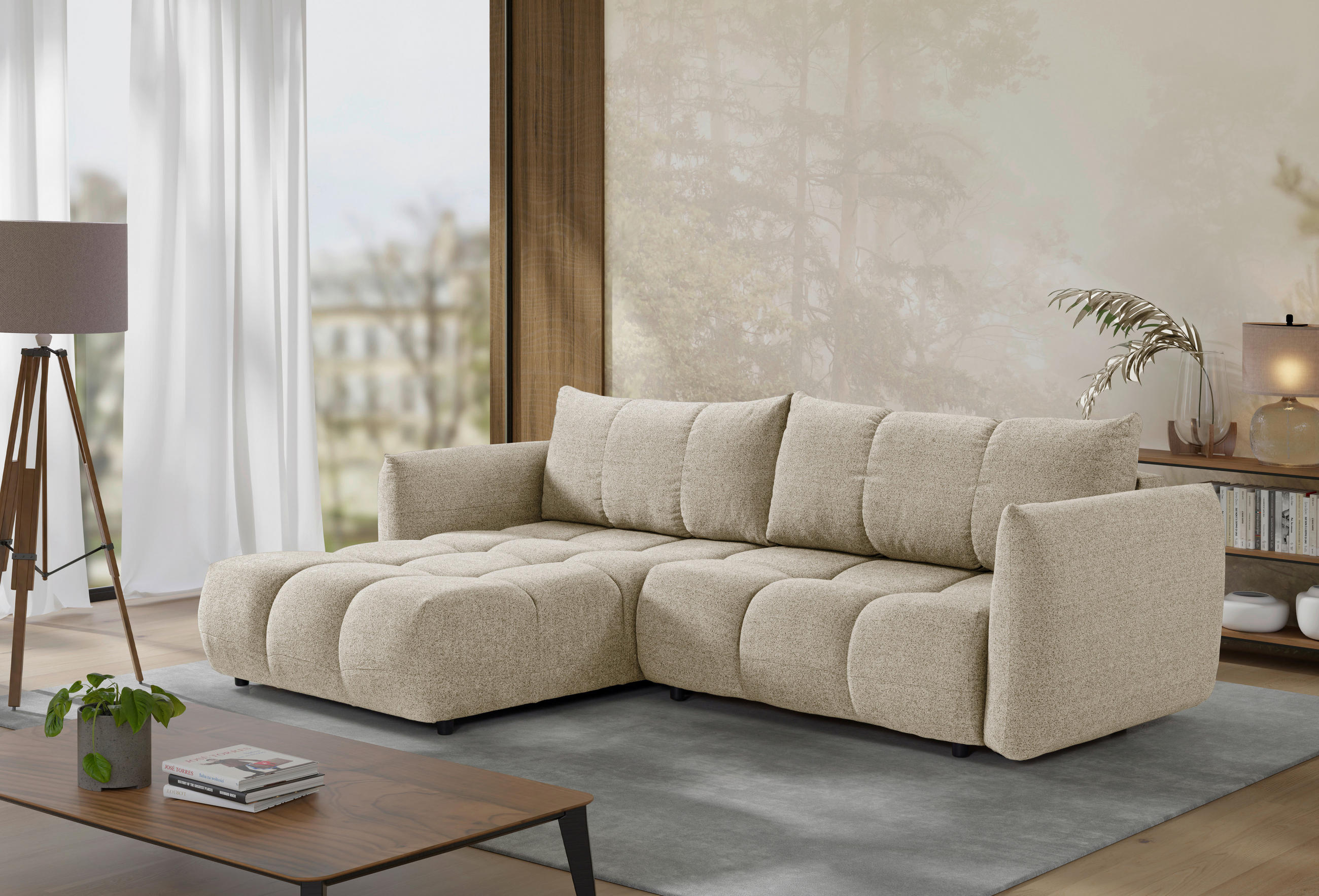 MID.YOU ROHOVÁ ROZKLÁDACÍ POHOVKA, plast, textil, kompozitní dřevo, cappuccino
