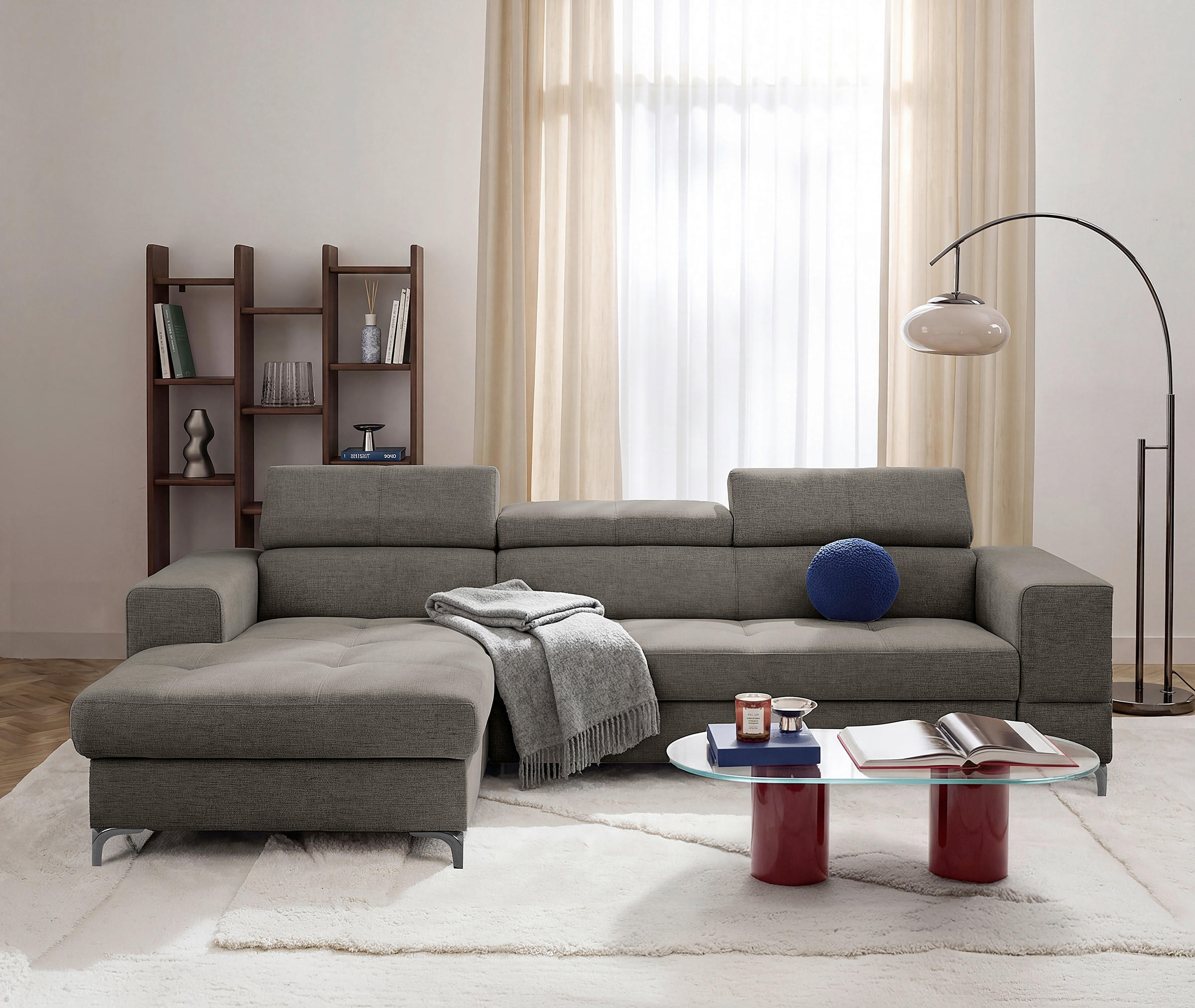 ECKSOFA TORINO Graphitfarben Chenille Bettkasten, Kopfteilverstellung  - Schwarzchrom/Graphitfarben, Design, Textil/Metall (173/247cm) - Livetastic