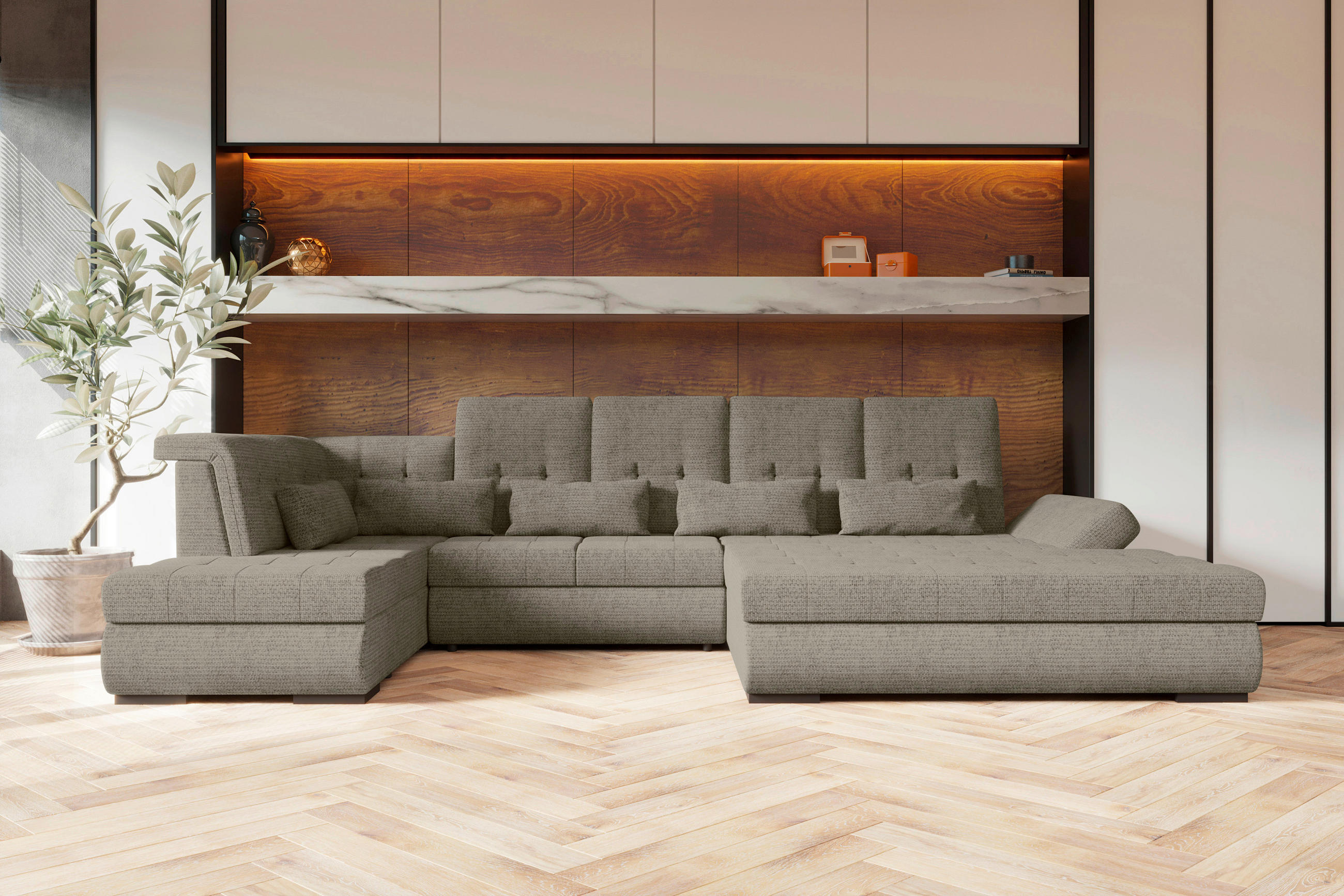 WOHNLANDSCHAFT Greige Struktur  - Greige/Schwarz, KONVENTIONELL, Kunststoff/Textil (222/358/212cm) - Carryhome