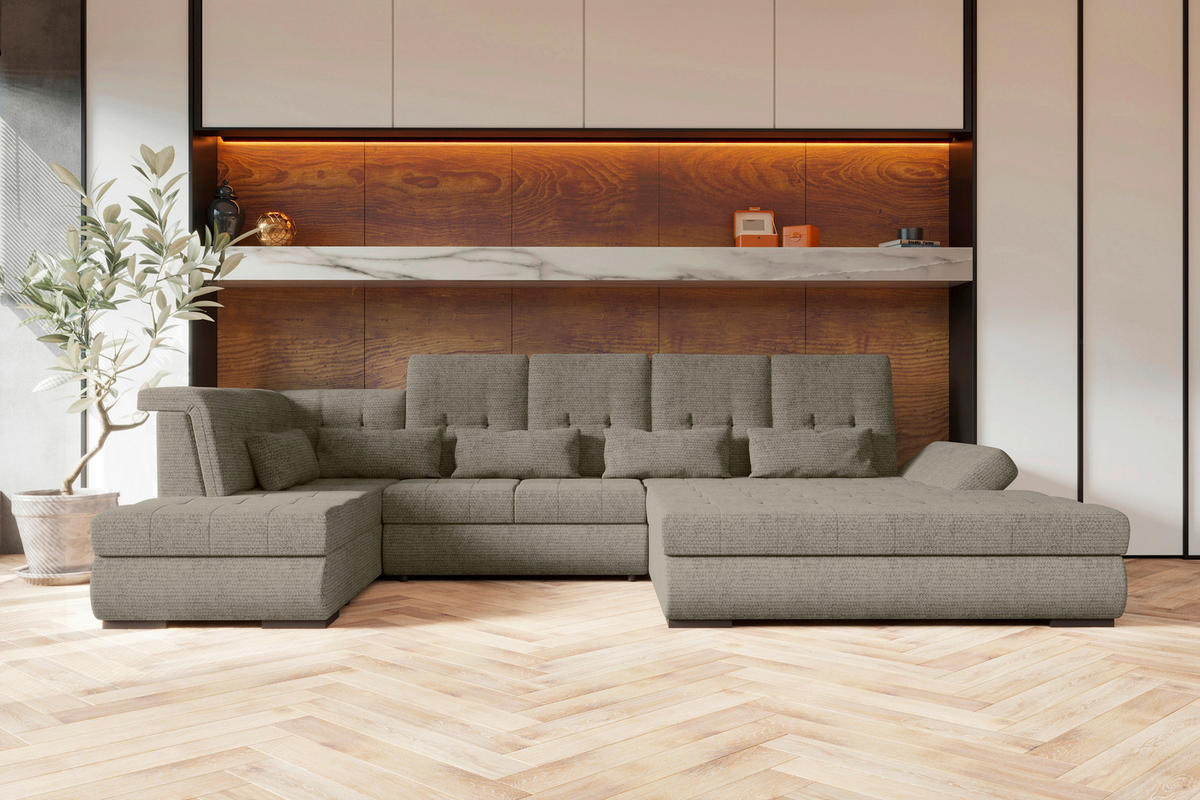 WOHNLANDSCHAFT Greige Struktur  - Greige/Schwarz, KONVENTIONELL, Kunststoff/Textil (222/358/212cm) - Carryhome