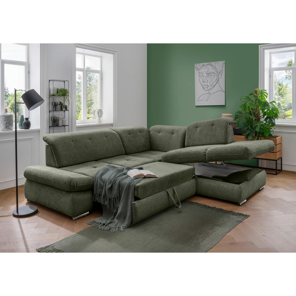 Thumbnail - Livetastic Ecksofa, Dunkelgrün, Textil, Uni, 5-Sitzer, Füllung: Schaumstoff, Ottomane rechts, L-Form, 280x254 cm, Made i...