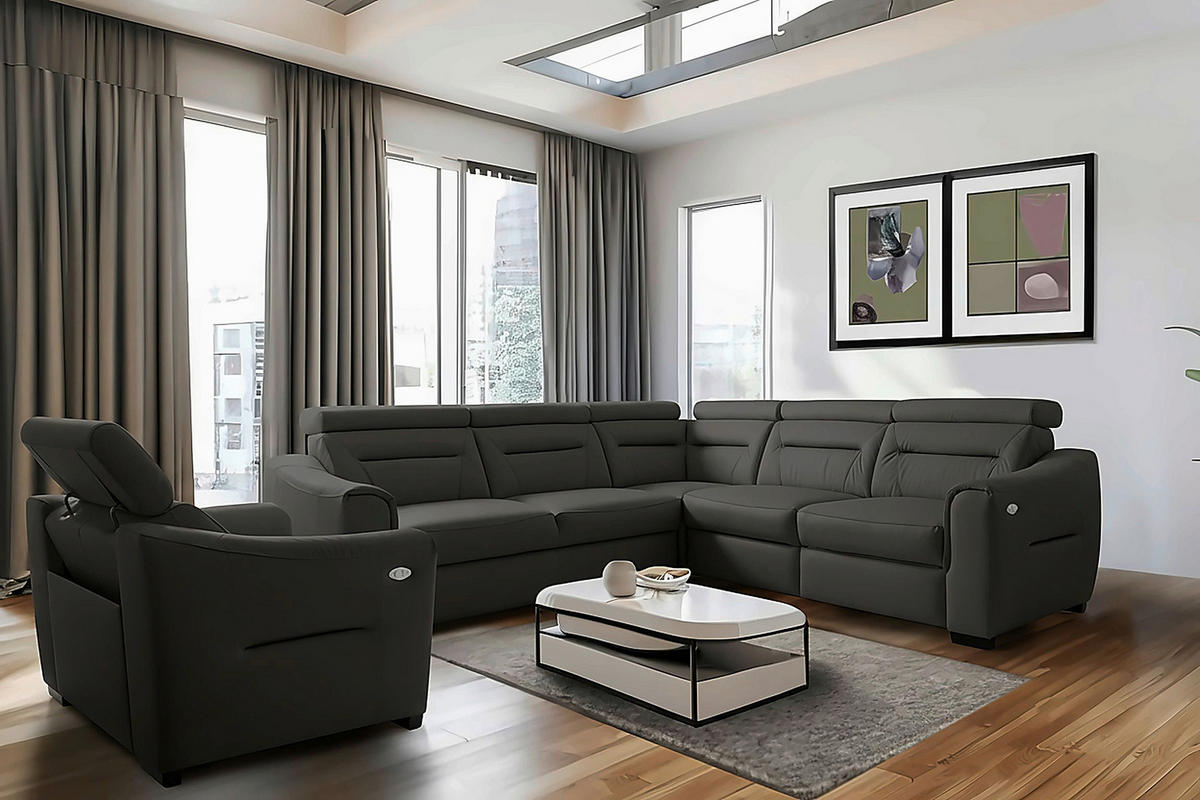 ECKSOFA  in Lederlook Echtleder Anthrazit  - Wengefarben/Anthrazit, Design, Leder/Holz (260/260cm) - Celina Home