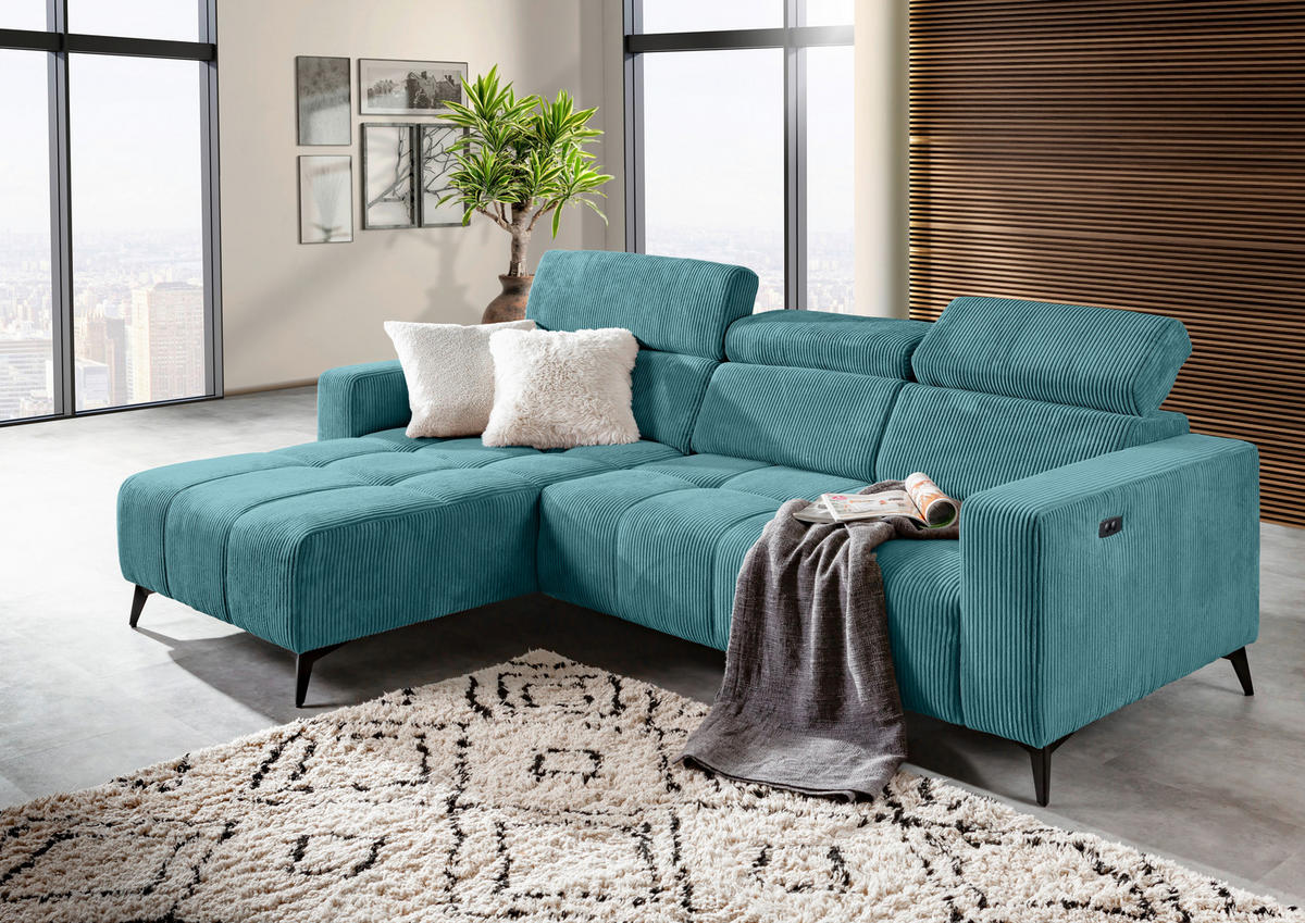 ECKSOFA Petrol Cord Rücken echt, Kopfteilverstellung, Sitzvorzug  - Petrol/Schwarz, KONVENTIONELL, Textil/Metall (170/257cm) - Carryhome