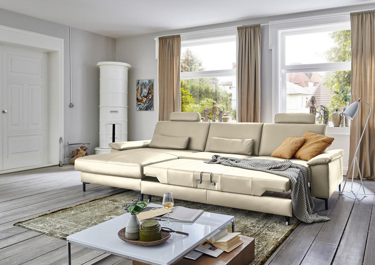 ECKSOFA in Echtleder Creme, Naturfarben  176/334 cm  - Creme/Schwarz, Design, Leder/Metall (176/334cm) - Dieter Knoll