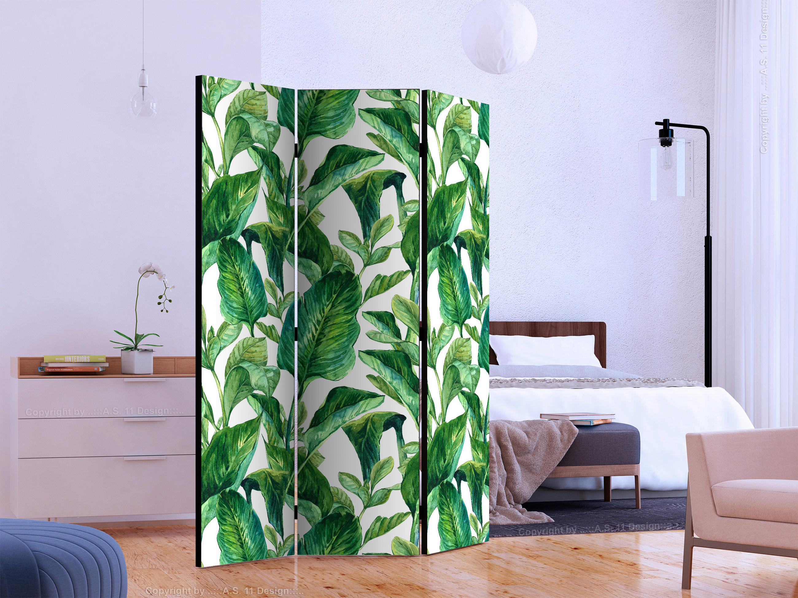 PARAVENT mit 3  Flügel - Weiß/Grün, Basics, Holz/Textil (135/172/3cm) - artgeist