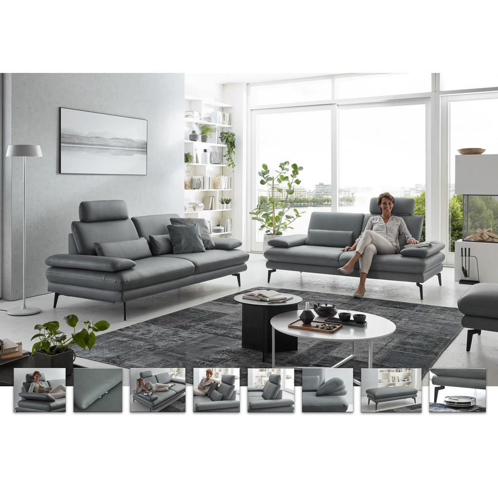 Thumbnail - Dieter Knoll 3-Sitzer-Sofa Dieter Knoll, Grau, Leder, Echtleder, Rindleder, 222x86x104 cm, Goldenes M, erweiterbar, Type...