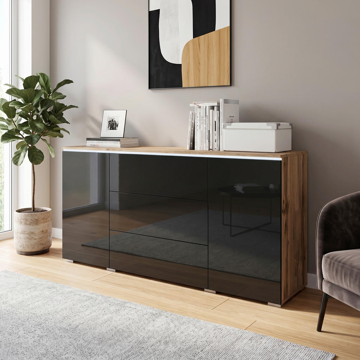 SIDEBOARD Vera 150/67,9/39,5 cm 3 Schublade(n)  - Schwarz Hochglanz/Eiche Wotan, LIFESTYLE, Holzwerkstoff/Kunststoff (150/67,9/39,5cm) - P & B