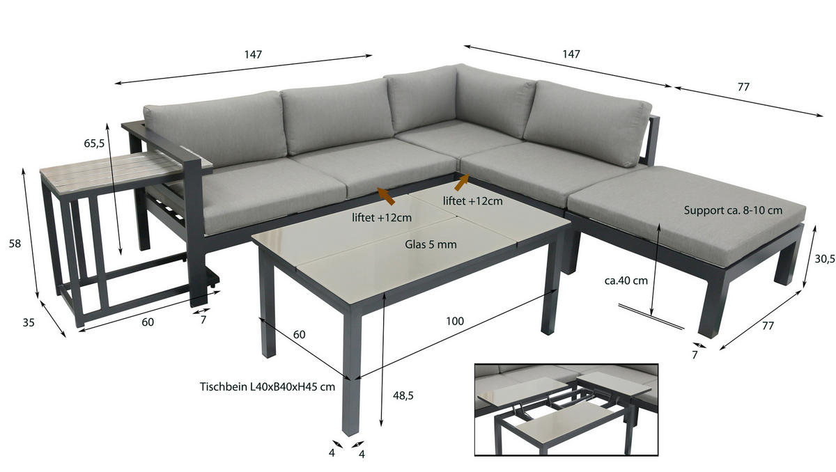 LOUNGEGARNITUR 5-teilig   177/65,5/247 cm Aluminium  - Anthrazit/Grau, Basics, Glas/Kunststoff (177/65,5/247cm) - Gardenson