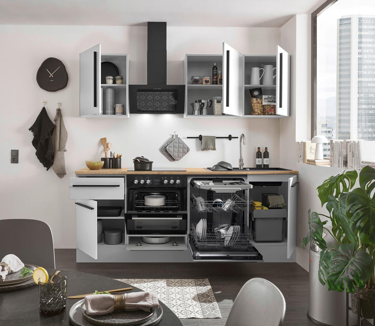 KÜCHENBLOCK 220 cm   in Weiß, Eichefarben  - Eichefarben/Schwarz, Design, Holzwerkstoff/Kunststoff (220cm) - MID.YOU