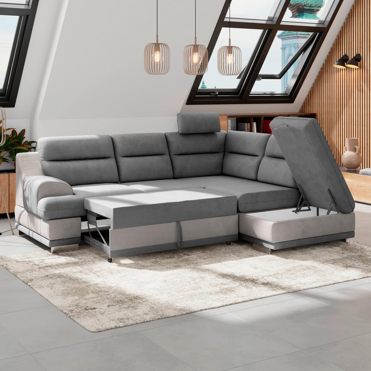 WOHNLANDSCHAFT in Velours Grau, Dunkelgrau  - Chromfarben/Dunkelgrau, Konventionell, Textil/Metall (264/217cm) - MID.YOU