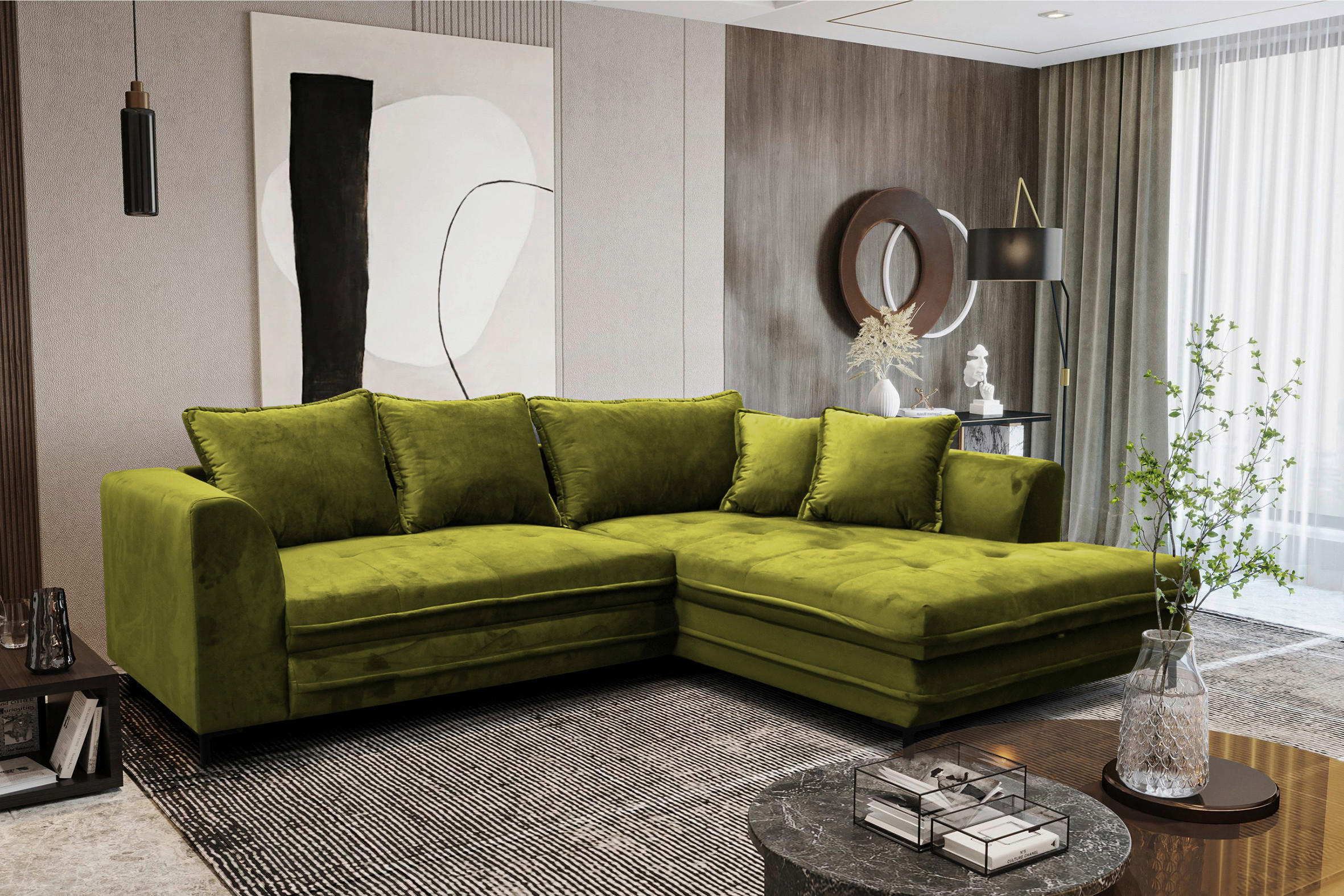 ECKSCHLAFSOFA Velours Hellgrün  - Schwarz/Hellgrün, Design, Textil/Metall (277/187cm) - Livetastic