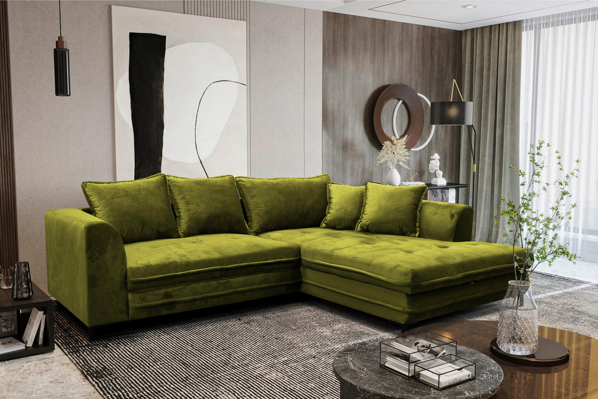 ECKSCHLAFSOFA  mit Rücken echt, Armteil rechts Velours Hellgrün  - Schwarz/Hellgrün, Design, Textil/Metall (277/187cm) - Livetastic