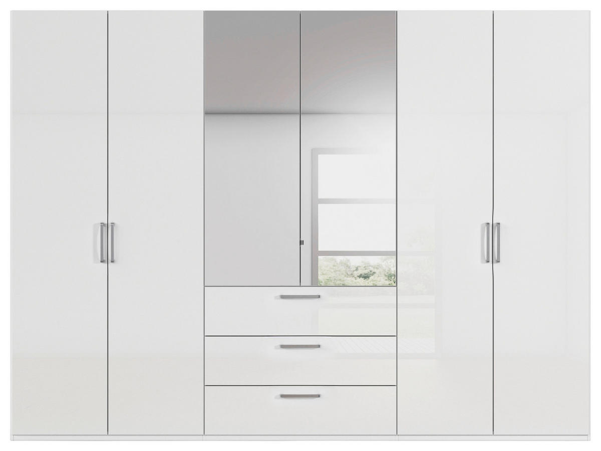 DREHTÜRENSCHRANK 301/223/61 cm,  in Weiß, Weiß Hochglanz, 6-türig  - Chromfarben/Edelstahlfarben, Basics, Glas/Holzwerkstoff (301/223/61cm) - Novel