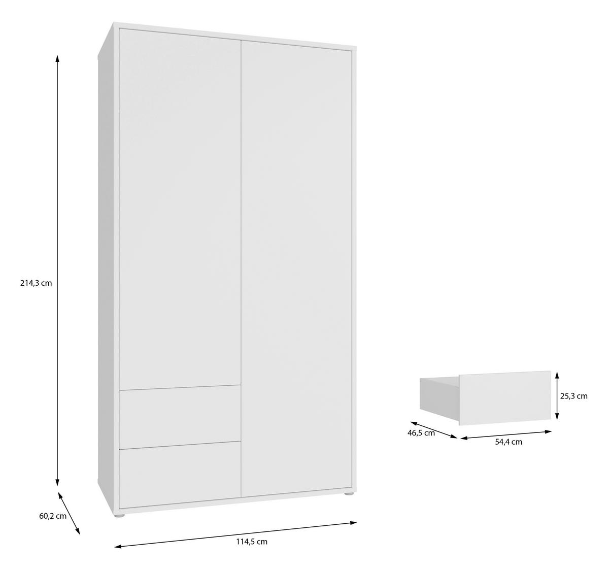 DREHTÜRENSCHRANK 115/214/60 cm,  in Weiß, 2-türig  - Weiß, Trend, Holzwerkstoff (115/214/60cm) - Carryhome