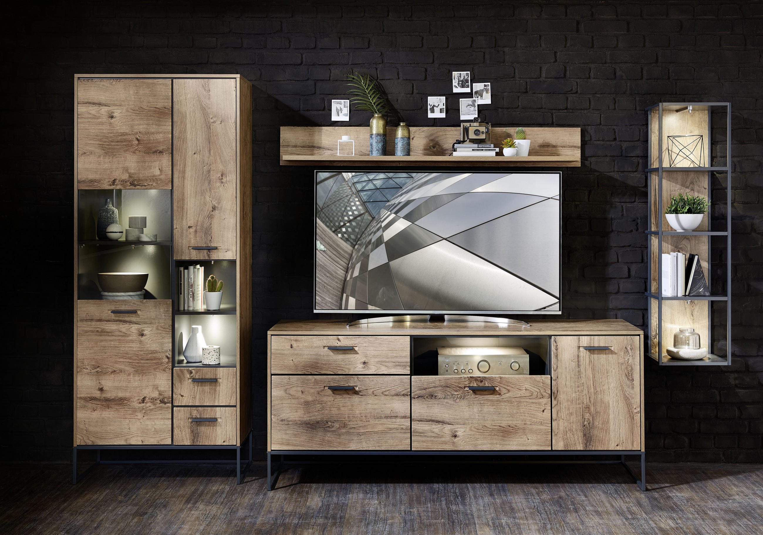 SIDEBOARD Graphitfarben, Eichefarben Einlegeboden - Eichefarben/Anthrazit, MODERN, Glas/Holzwerkstoff (175/75/48cm) - Livetastic