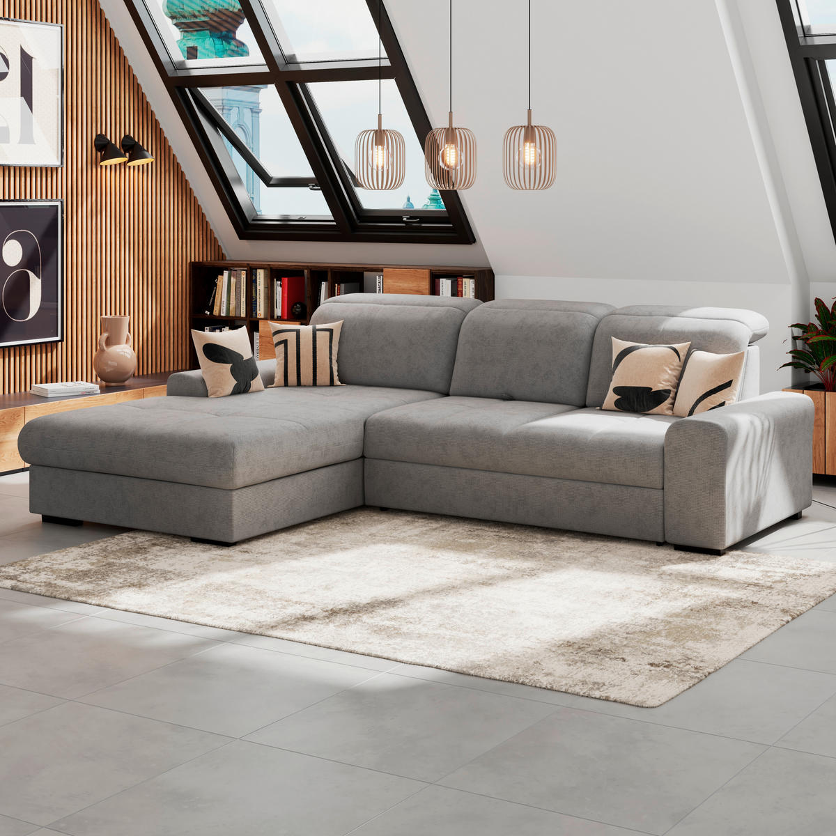 ECKSOFA Grau Chenille Rücken echt, Kopfteilverstellung  - Schwarz/Grau, KONVENTIONELL, Holz/Textil (203/286cm) - MID.YOU