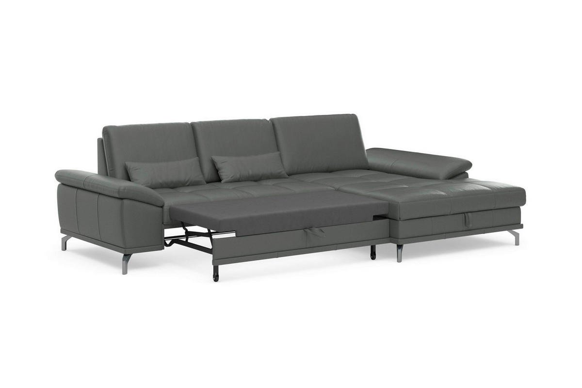 ECKSOFA COSTELLO E Anthrazit Kombination Echtleder/Stoff Mikrofaser Nierenkissen, Armteilverstellung, Sitztiefenverstellung, Bettkasten  - Anthrazit/Schwarz, Basics, Leder/Textil (301/176cm) - Sit & More