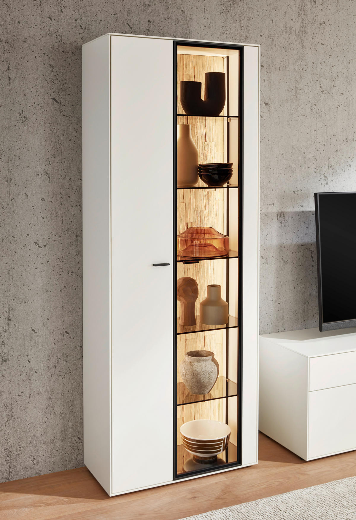 WOHNWAND 3-teilig  in Weiss, Wildeiche 326,5/205,5/45,2 cm  - Wildeiche/Weiss, Design, Glas/Holz (326,5/205,5/45,2cm) - Dieter Knoll