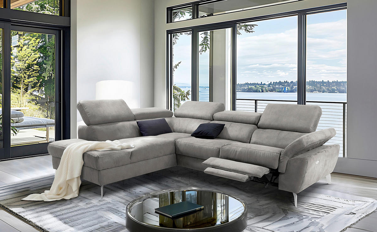 ECKSOFA SONO in Lederlook Anthrazit Bettkasten, Armteilverstellung, Kopfteilverstellung  210/265 cm  - Chromfarben/Anthrazit, Design, Textil/Metall (210/265cm) - Livetastic