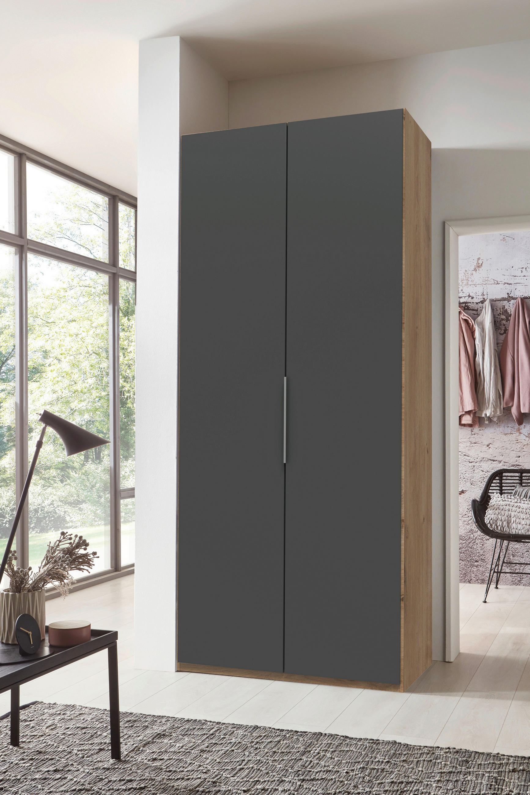 DREHTÜRENSCHRANK  in Eichefarben, Graphitfarben  - Chromfarben/Eichefarben, MODERN, Holzwerkstoff/Metall (100/236/58cm) - MID.YOU