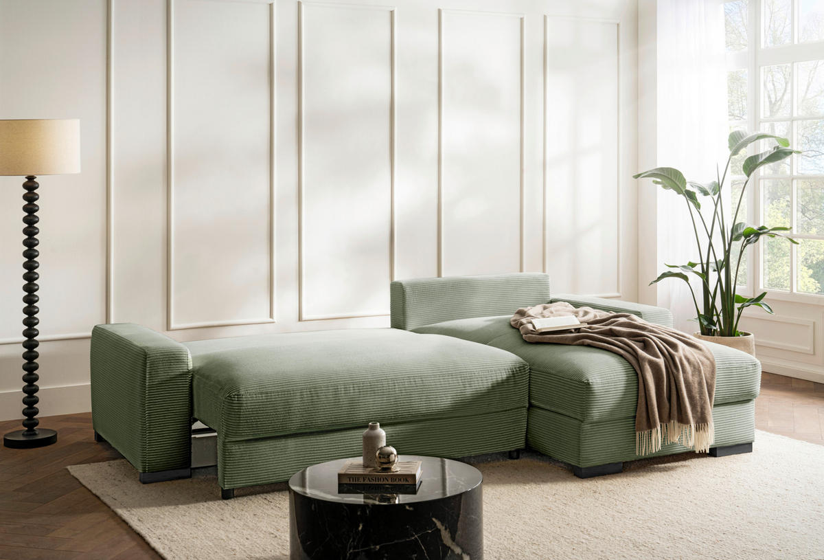 ECKSCHLAFSOFA Cord Mintgrün  inkl. Zierkissen, Rückenkissen, Schlaffunktion, Topper, Stauraum, Liegefläche im Originalstoff  - Schwarz/Mintgrün, Design, Holz/Textil (264/184cm) - Stylife