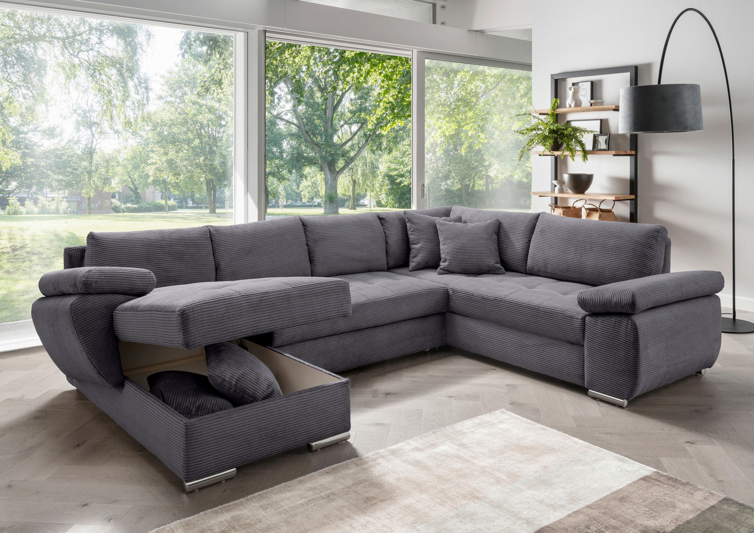 WOHNLANDSCHAFT Grau Cord  - Chromfarben/Grau, KONVENTIONELL, Textil/Metall (157/305/219cm) - Livetastic