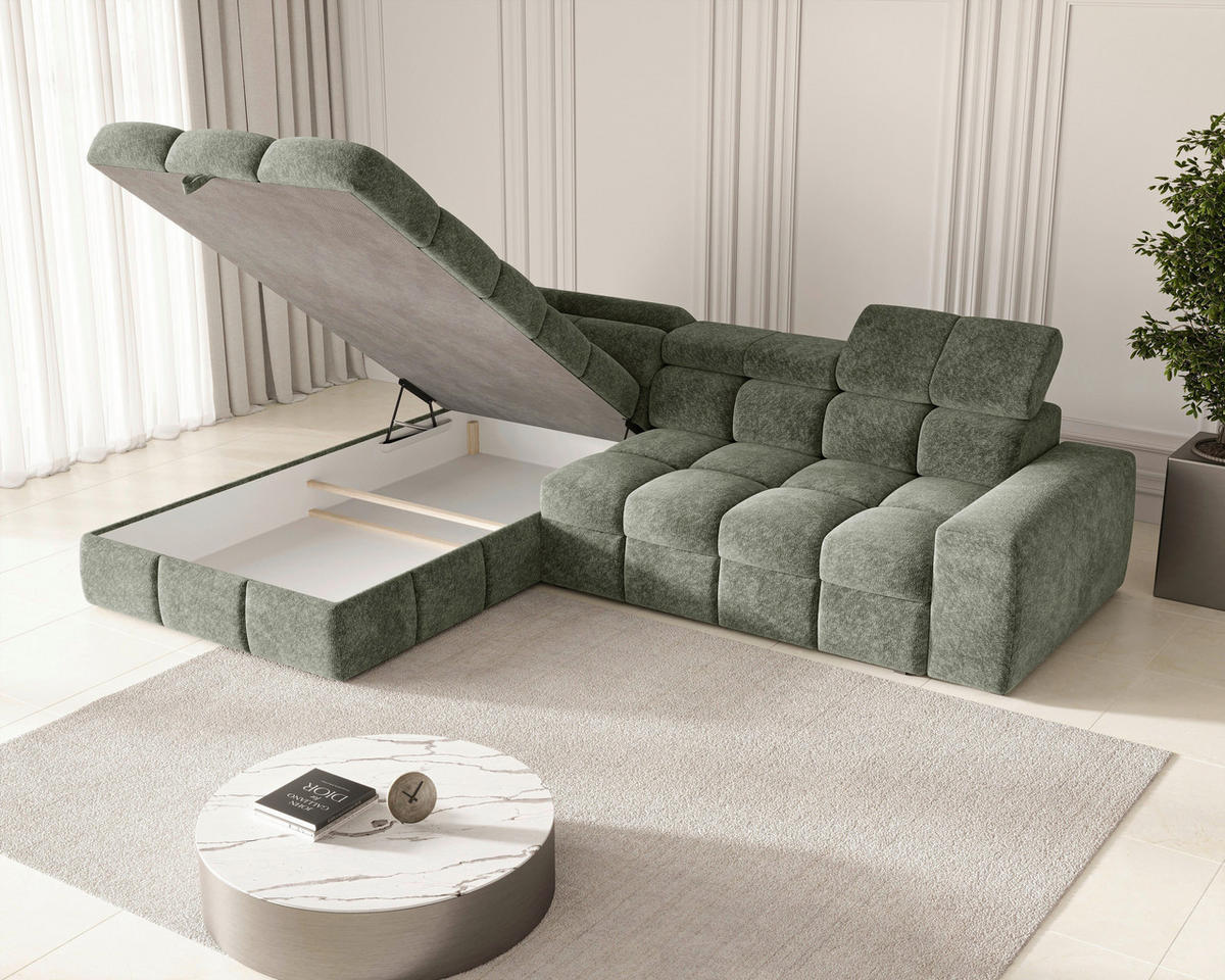 ECKSOFA Dunkelgrün Chenille Bettkasten, Schlaffunktion, Rücken echt, Kopfteilverstellung, Liegefläche im Originalstoff  - Dunkelgrün/Schwarz, MODERN, Kunststoff/Textil (204/292cm) - Milino