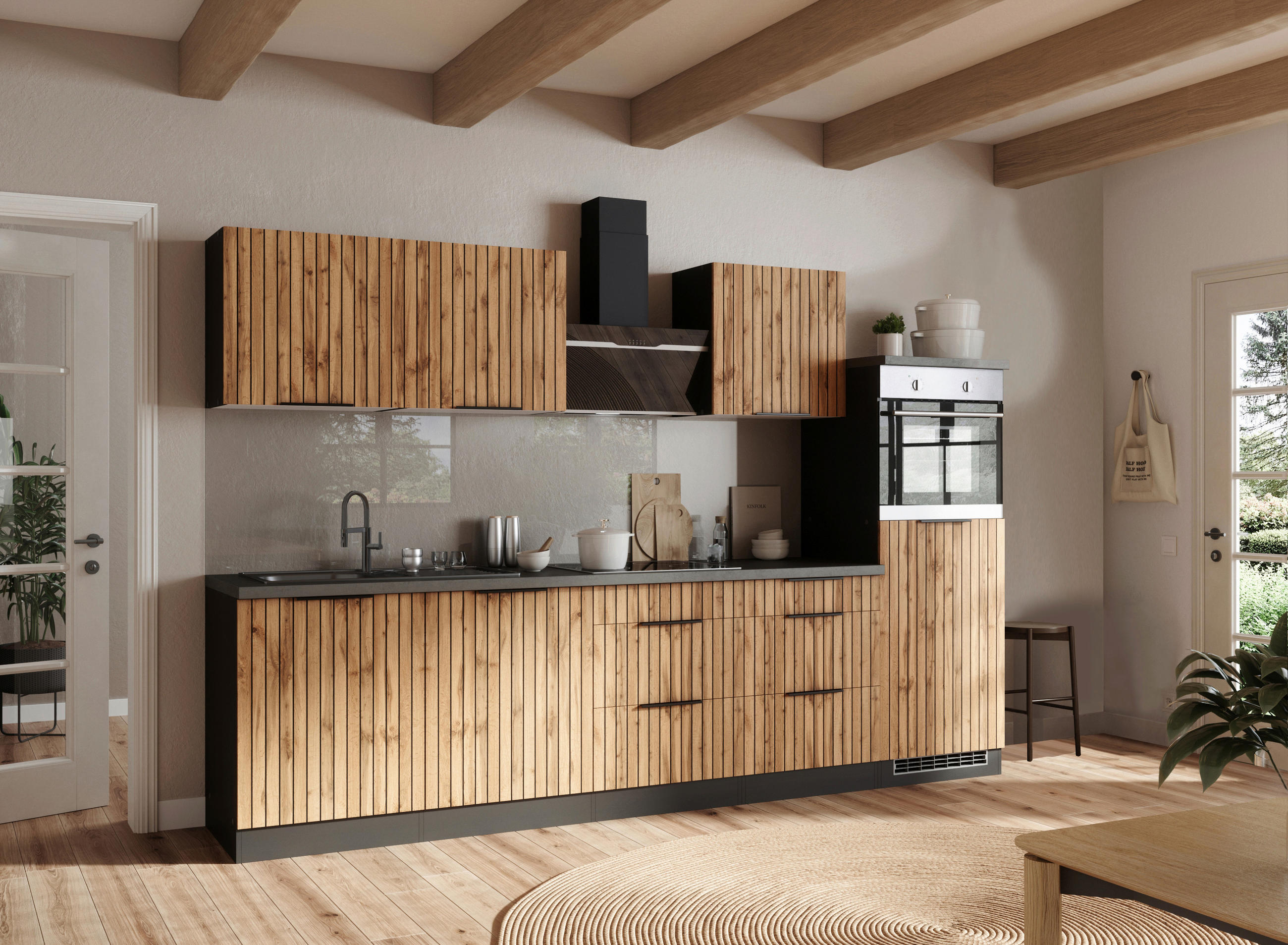 MODULKÖK 300 cm   i grafitfärgad, ek Wotan  - ek Wotan/grafitfärgad, Basics, metall/trämaterial (300cm) - Held