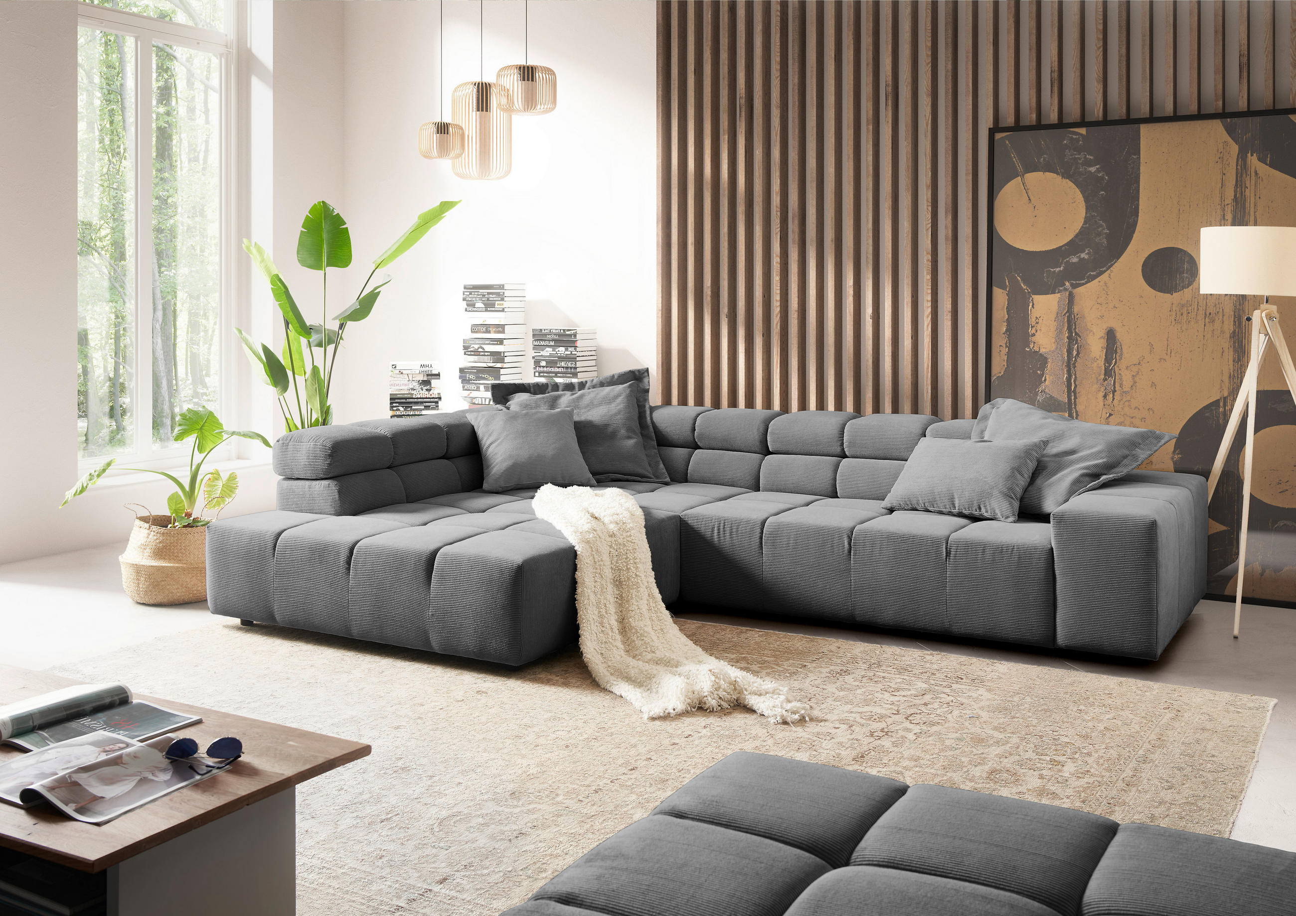 ECKSOFA in Feincord Grau  - Schwarz/Grau, Design, Kunststoff/Textil (215/319cm) - Hom`in