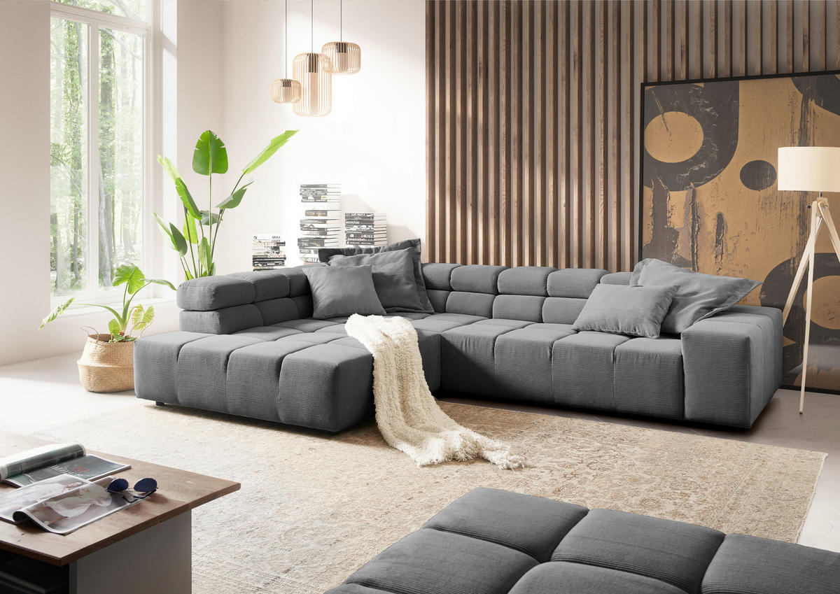 ECKSOFA Grau Feincord  - Schwarz/Grau, Design, Kunststoff/Textil (215/319cm) - Hom`in
