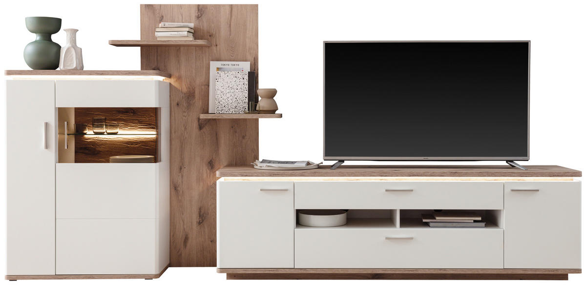 WOHNWAND 3-teilig  in Weiss, Eichefarben 305/168/50 cm  - Weiss/Eichefarben, Design, Glas/Holzwerkstoff (305/168/50cm) - Livetastic