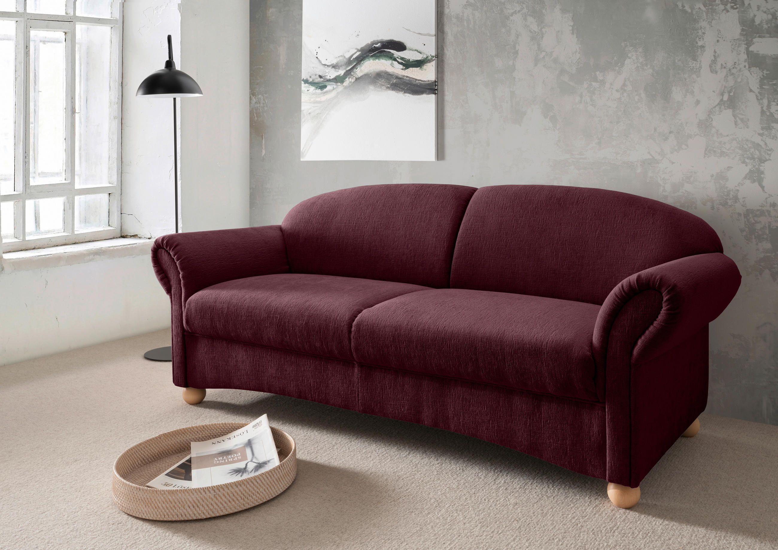 2,5-SITZER in Mikrofaser Bordeaux  - Wildeiche/Bordeaux, KONVENTIONELL, Holz/Textil (198/84/80cm) - Livetastic