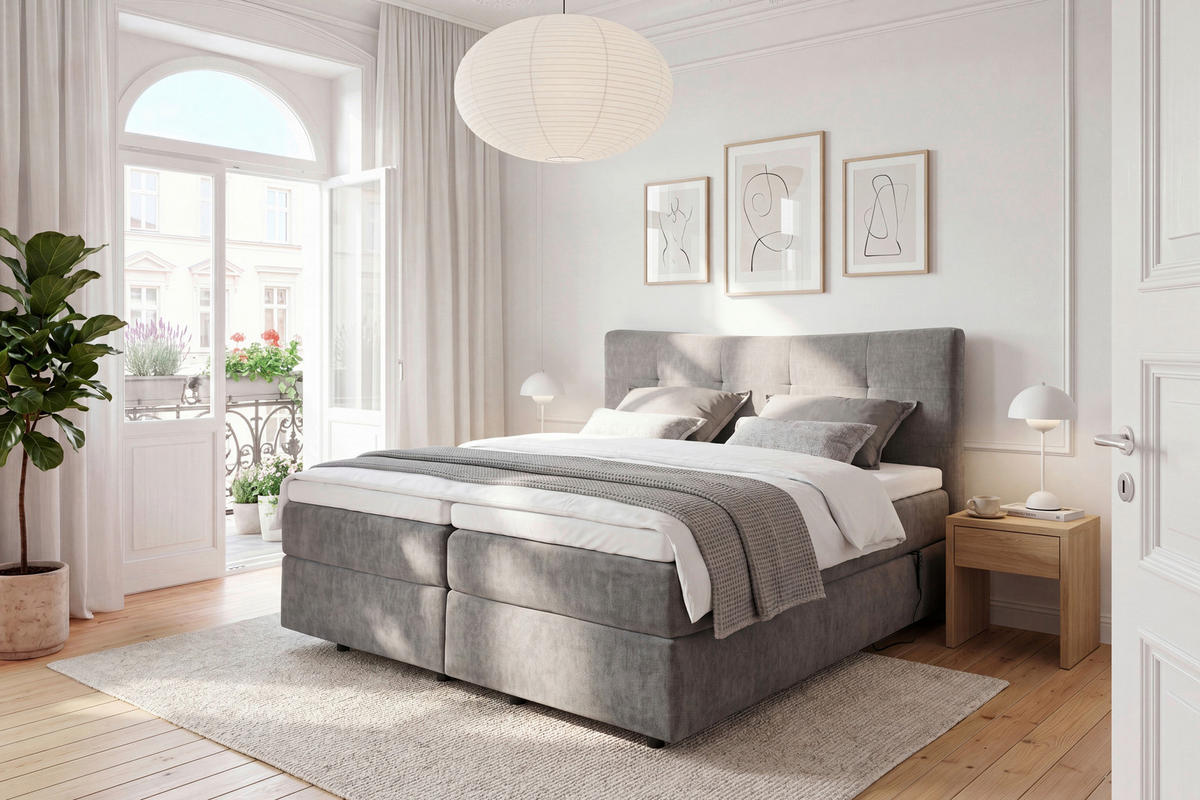 BOXSPRINGBETT 180/200 cm,  in Dunkelgrau, gepolstertes Kopfteil, motorische Verstellbarkeit, Matratzen, H3 + H4 = fest + sehr fest  - Dunkelgrau/Schwarz, Design, Textil (180/200cm) - Novel