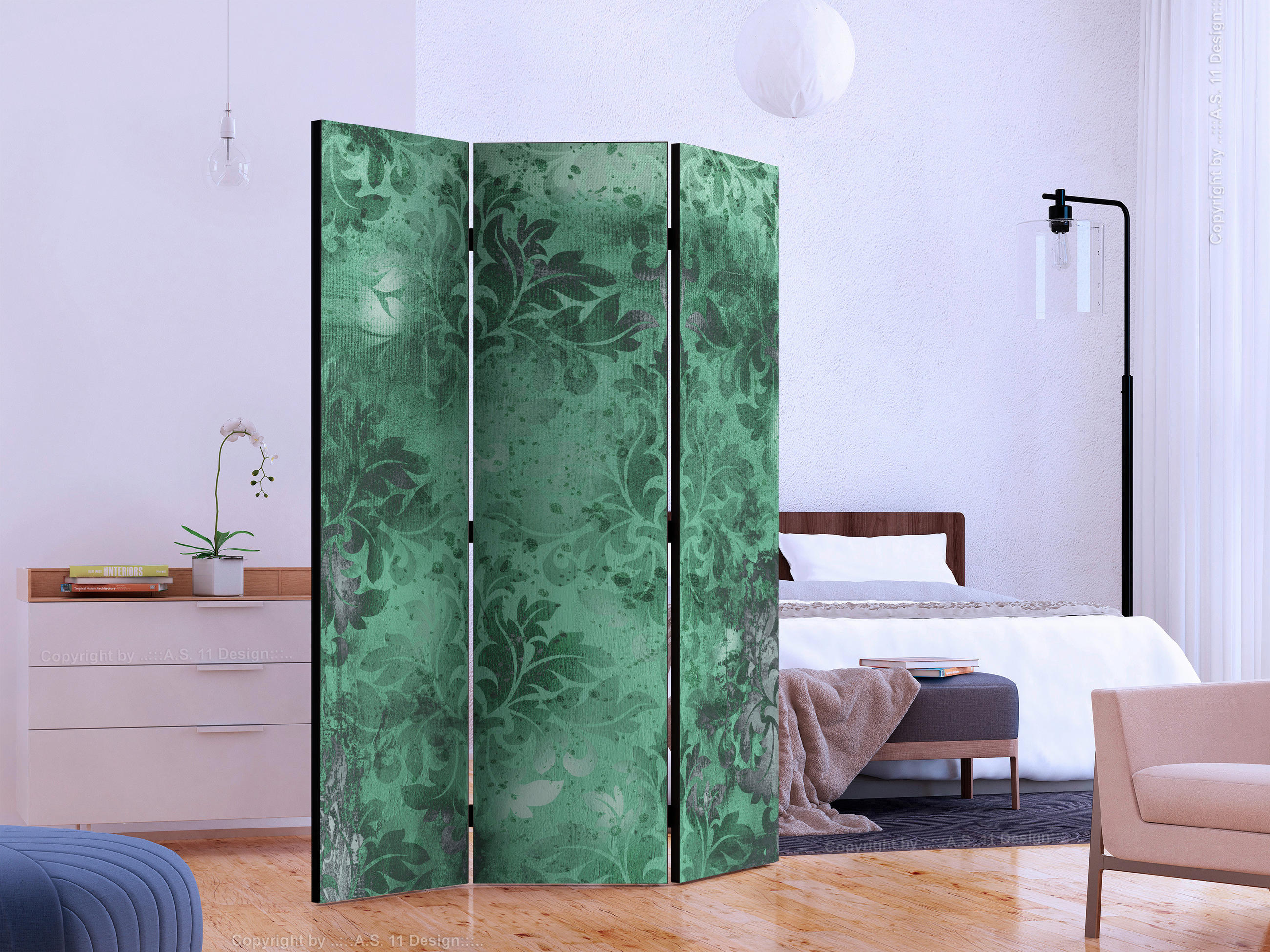 PARAVENT mit 3  Flügel - Jadegrün/Hellgrün, Basics, Holz/Textil (135/172/3cm) - artgeist